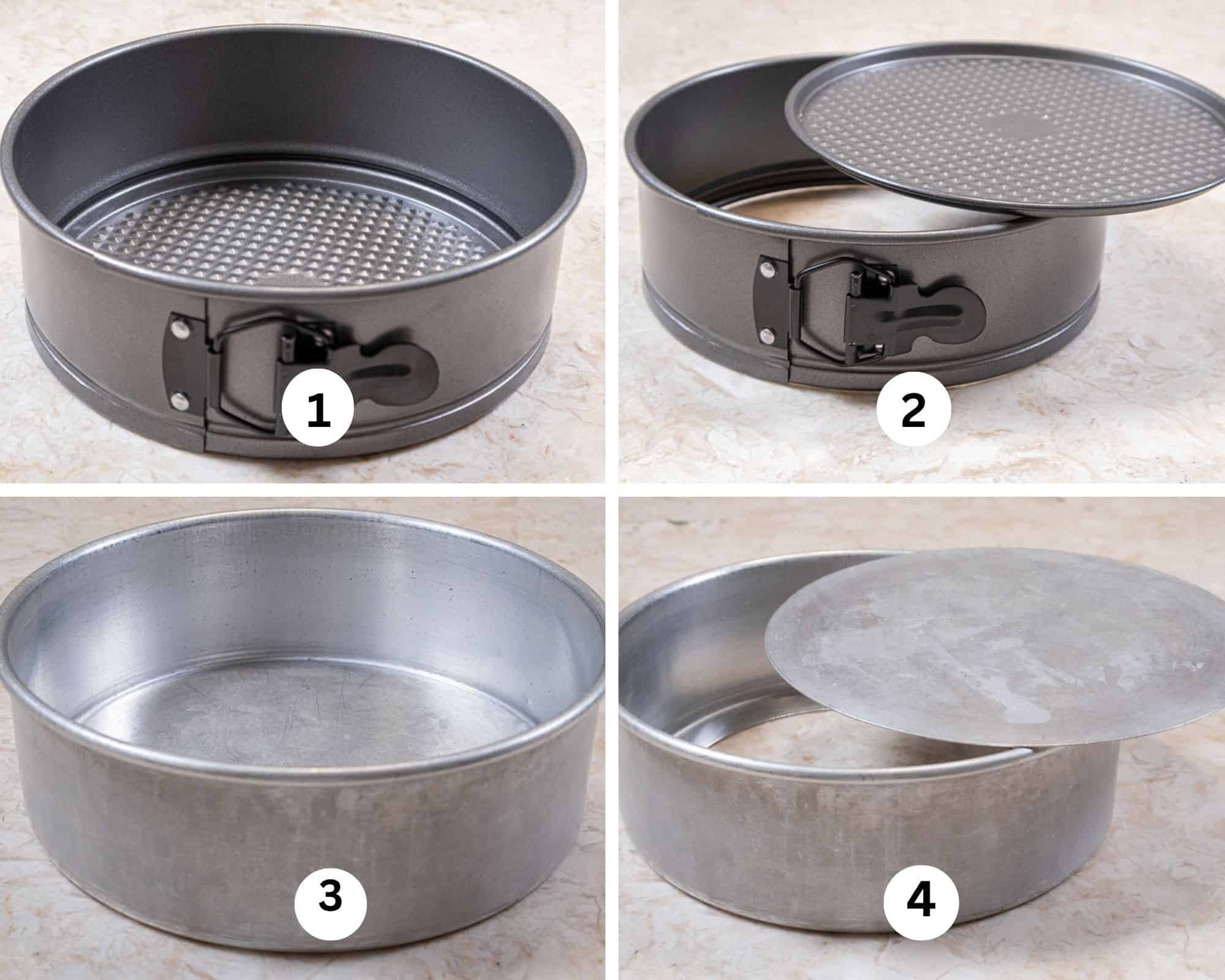 This collages shows a springform pan and a cheesecake pan.