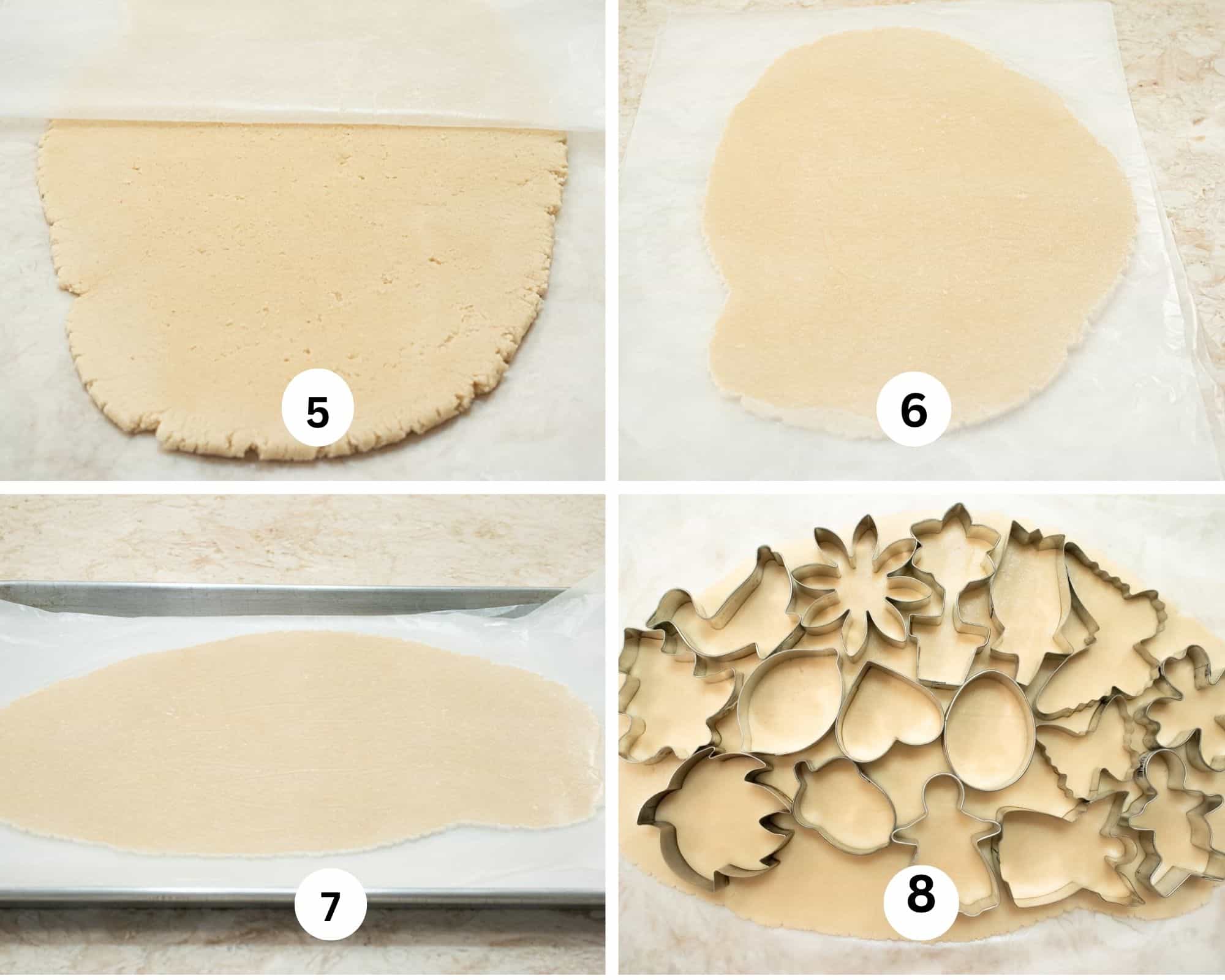 This collage shows the dough rolled again and flipped, placed on a sheet pan to chill and the cookies cut out. 