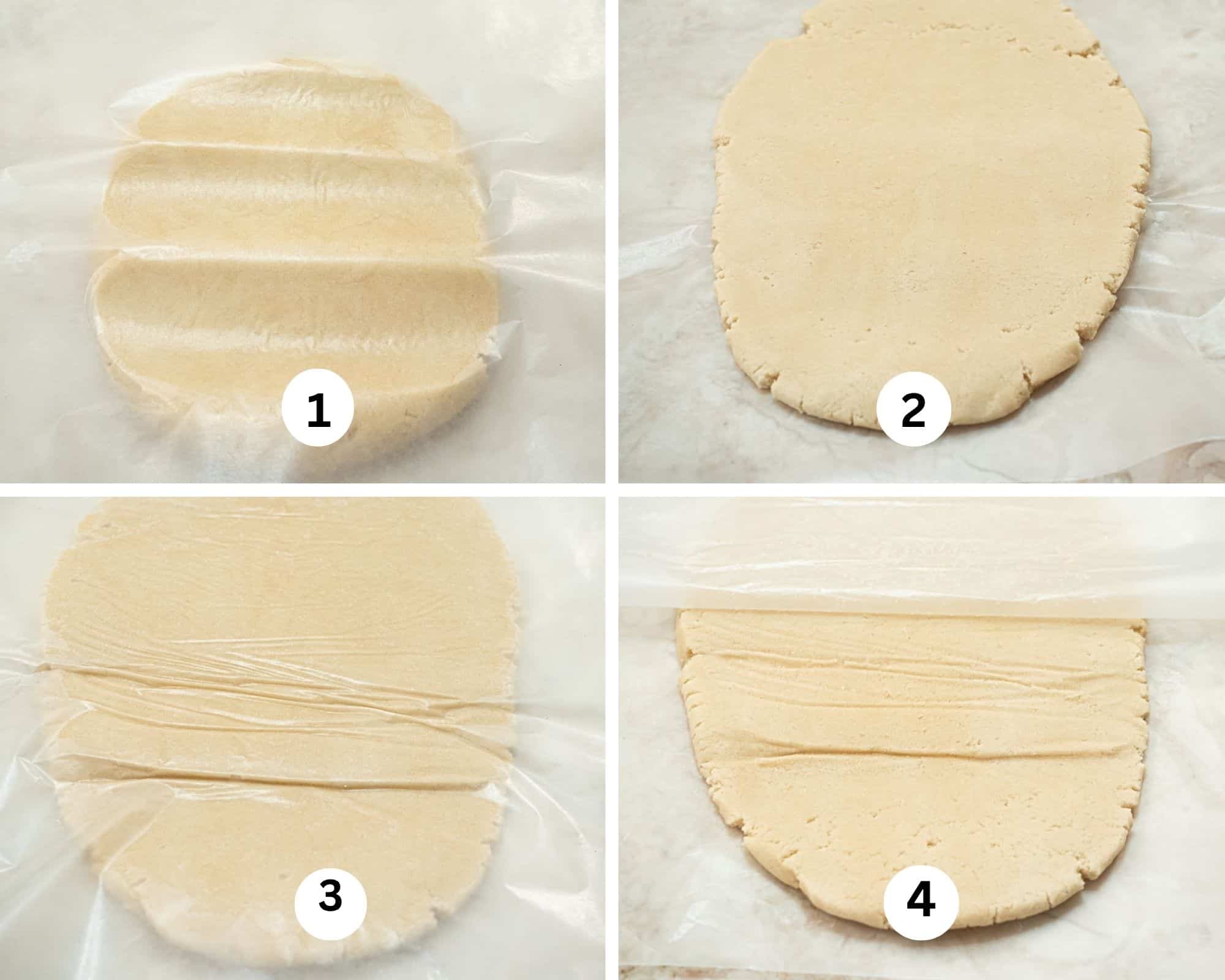 The first collages for How to Get Perfect Cut-Out Cookies shows the dough between waxed paper and dented, the dough rolled out and the top paper partially pulled back. 