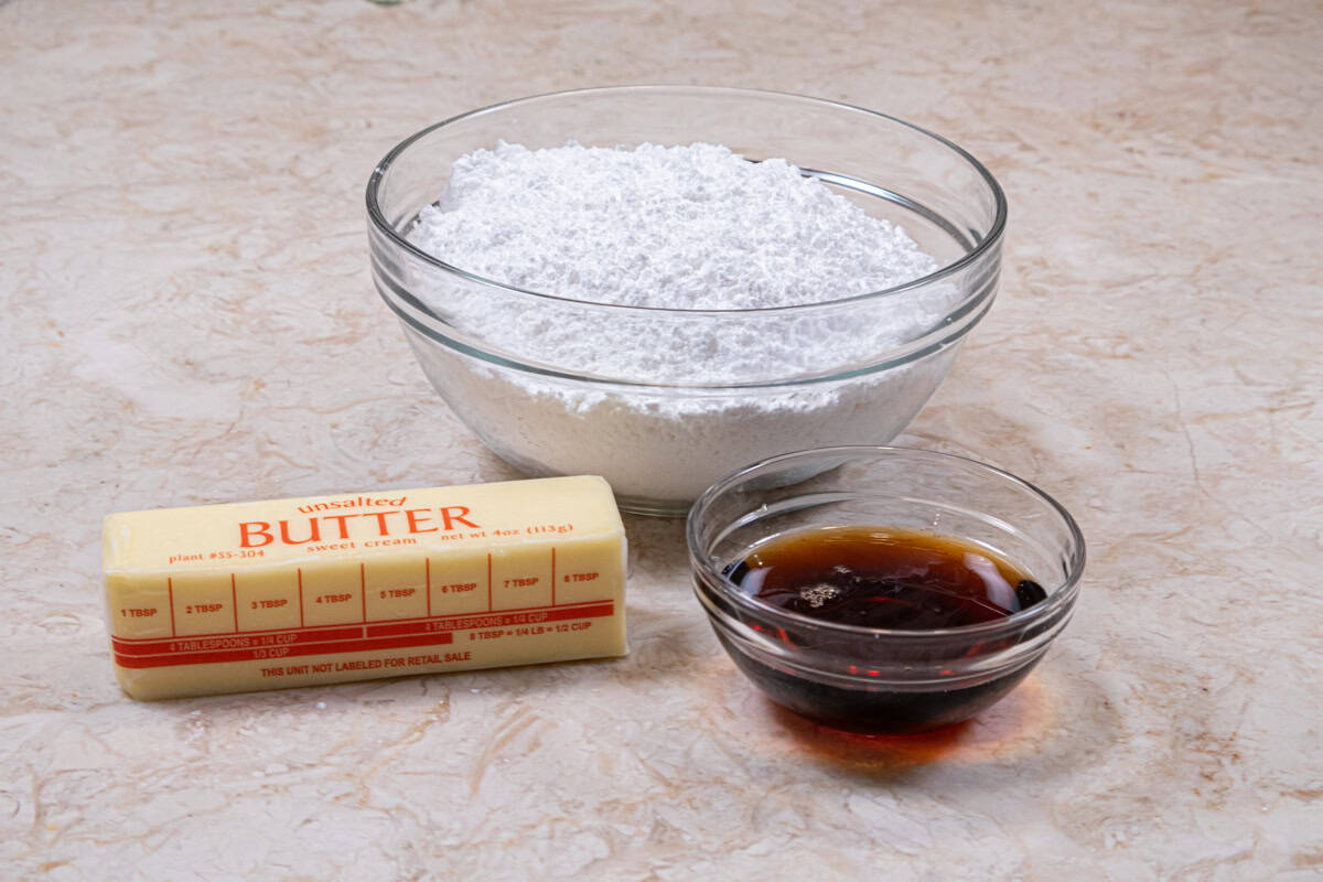 Maple frosting ingredients are:  unsalted butter, pure maple syrup and powdered sugar.