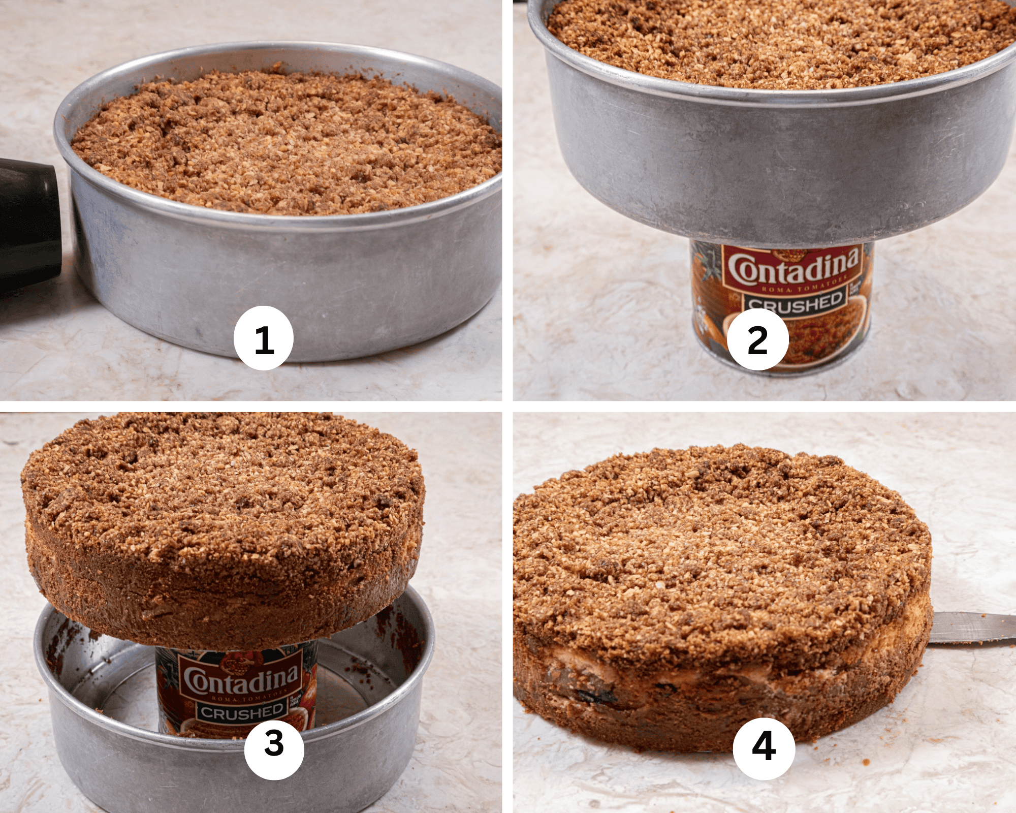 This collages shows a cheesecake being released from a cheesecake pan, 